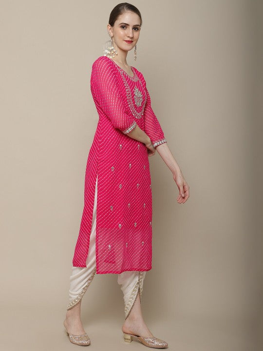 Sangria Women Pink Floral Embroidered Georgette Straight Kurta