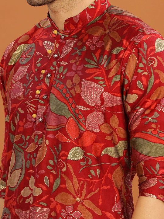 Anouk Mandarin Collar Floral Printed Straight Kurta Red & Green