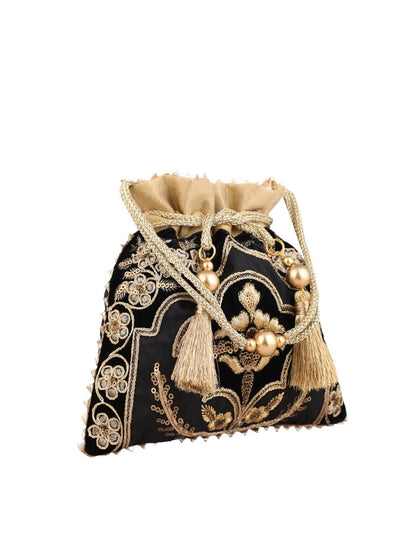 Masq Black & Gold-Toned Embellished Embroidered Potli Clutch