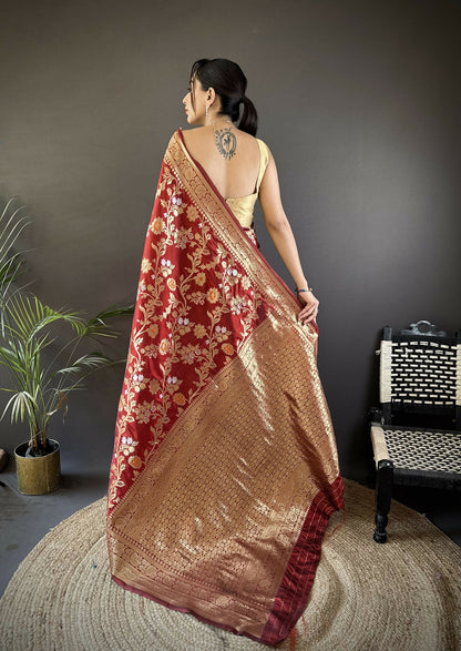 Joban Fashion Maroon Floral & Ethnic Motifs Design Soft Silk Meenakari Banarasi Saree