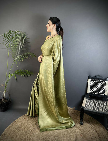 Joban Fashion Olive Green Floral & Paisley Motifs Soft Satin Silk Banarasi Saree