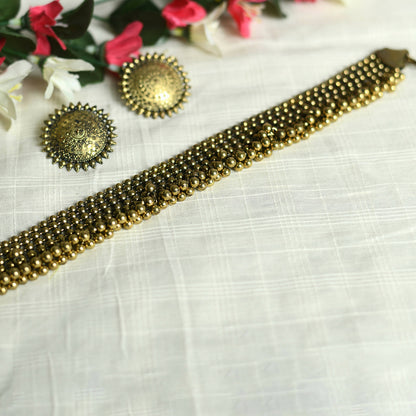 Mominos Fashion Johar Kamal Oxidised Gold-Polished Brass Finish Ghungroo Design Choker Set