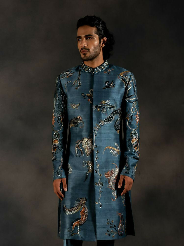 Deep Blue Hand Embroidered Indowestern Sherwani by Hilo Design