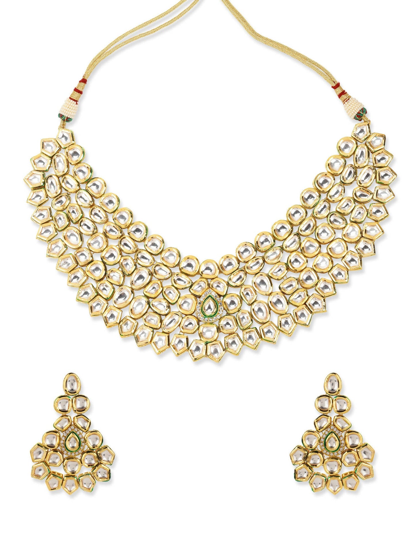 Gold-Polished Maharani Kundan Neckpiece With Earrings And Maang Tikka - Ruby Raang