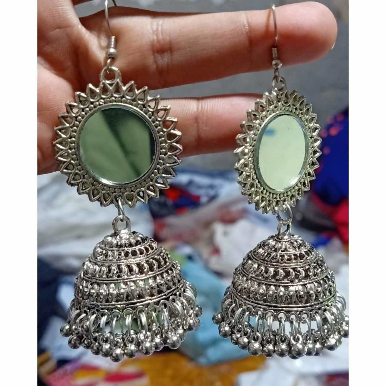 MS Fashion India Antique Silver Oxidized Mirror Jhumki Earring
