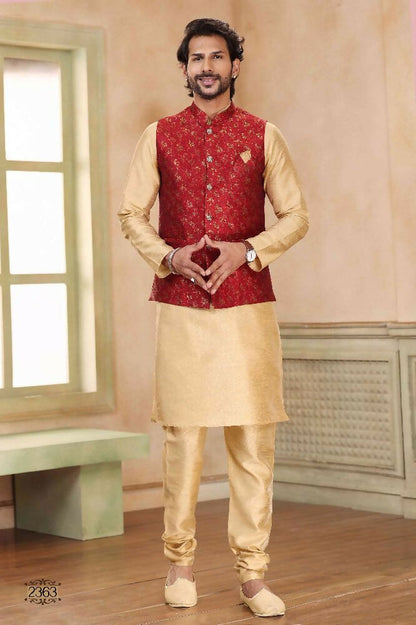 Raivat Ethnic Jacquard Banarasi Silk Woven Work 3 Pics Jacket Set In Maroon Colour