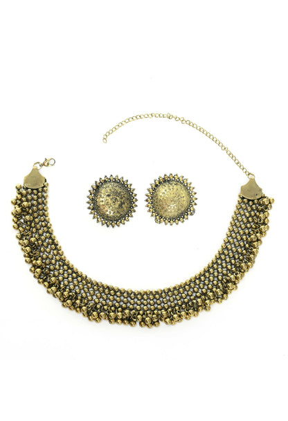 Mominos Fashion Johar Kamal Oxidised Gold-Polished Brass Finish Ghungroo Design Choker Set