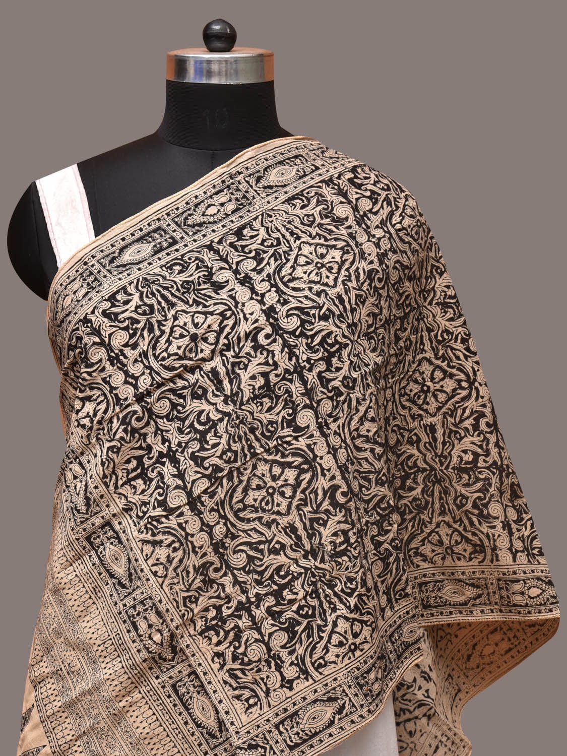 Cream and Black Kalamkari Block Print Cotton Silk Stole with Geometric Design - Global Threads