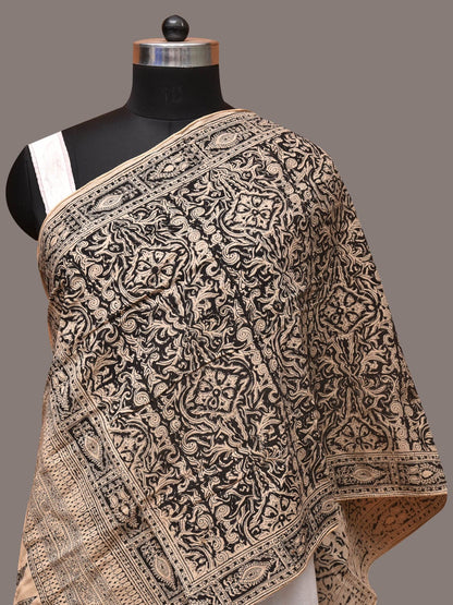 Cream and Black Kalamkari Block Print Cotton Silk Stole with Geometric Design - Global Threads