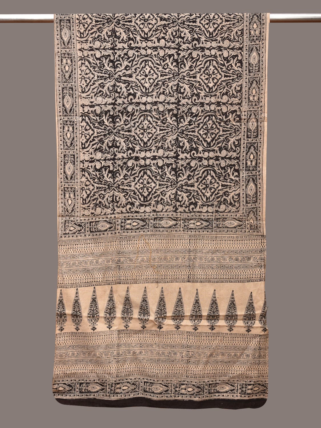 Cream and Black Kalamkari Block Print Cotton Silk Stole with Geometric Design - Global Threads