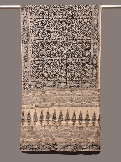 Cream and Black Kalamkari Block Print Cotton Silk Stole with Geometric Design - Global Threads