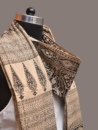 Cream and Black Kalamkari Block Print Cotton Silk Stole with Geometric Design - Global Threads