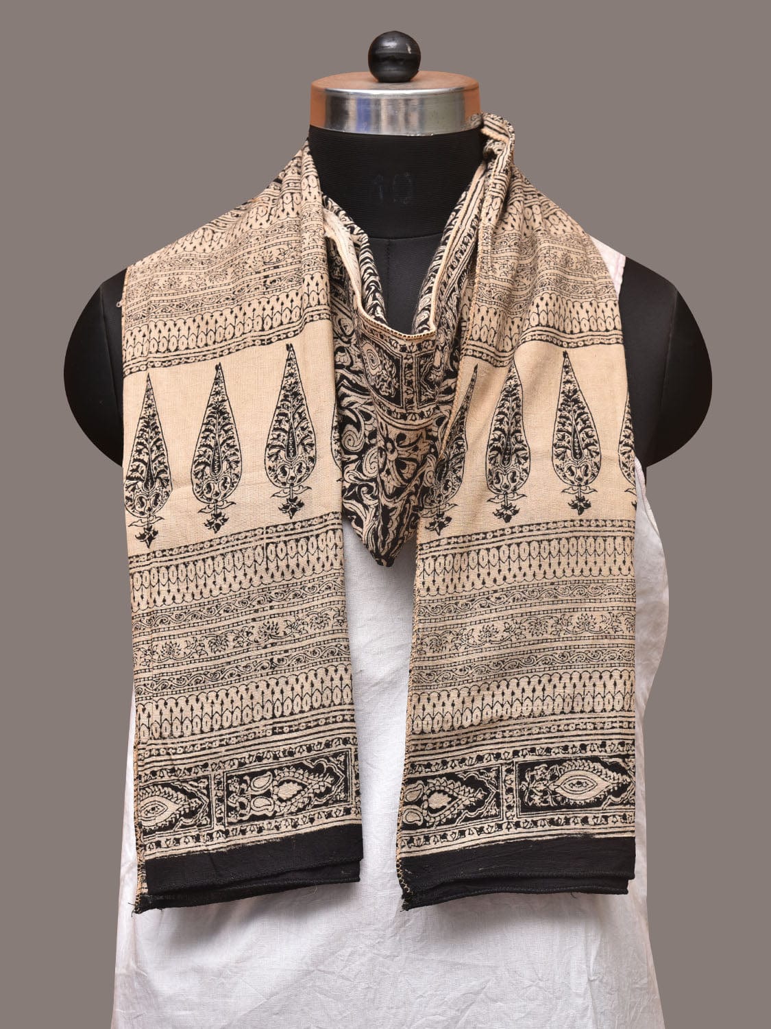 Cream and Black Kalamkari Block Print Cotton Silk Stole with Geometric Design - Global Threads