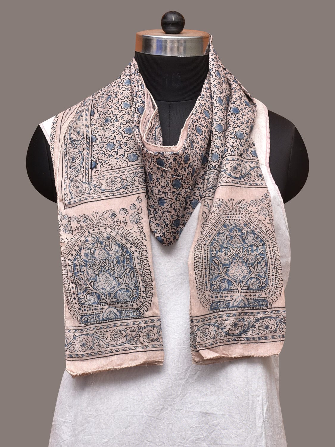 Cream and Blue Kalamkari Block Print Cotton Silk Stole with Geometric Design - Global Threads