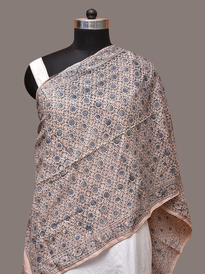 Cream and Blue Kalamkari Block Print Cotton Silk Stole with Geometric Design - Global Threads