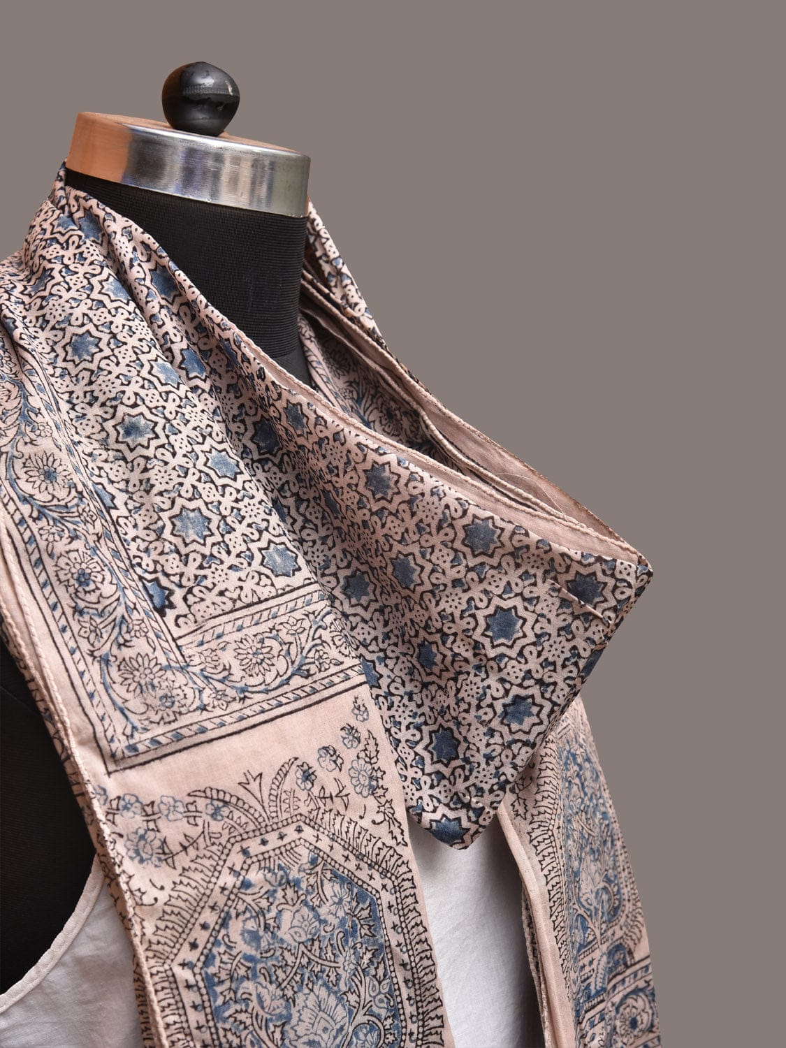 Cream and Blue Kalamkari Block Print Cotton Silk Stole with Geometric Design - Global Threads