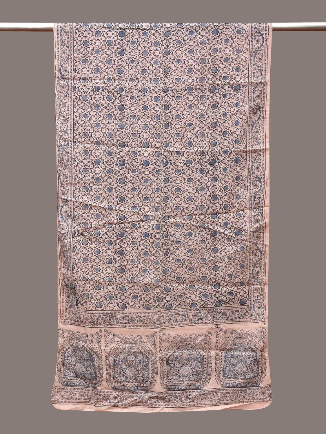 Cream and Blue Kalamkari Block Print Cotton Silk Stole with Geometric Design - Global Threads