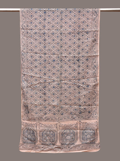 Cream and Blue Kalamkari Block Print Cotton Silk Stole with Geometric Design - Global Threads