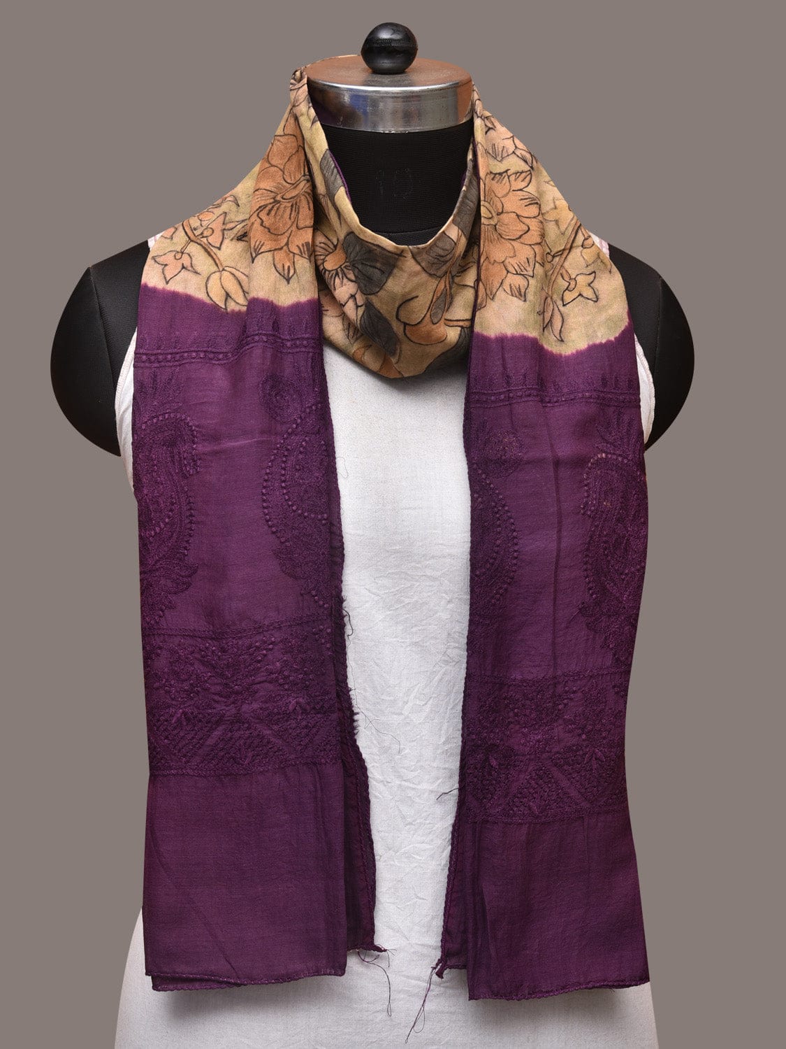 Cream and Purple Kalamkari Hand Painted Sico Stole with Floral and Embroidery Design - Global Threads