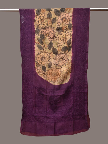 Cream and Purple Kalamkari Hand Painted Sico Stole with Floral and Embroidery Design - Global Threads