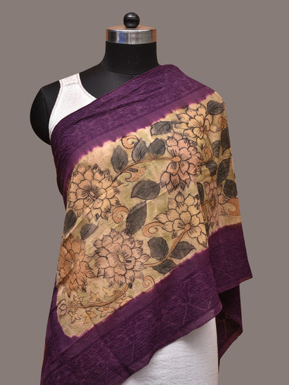 Cream and Purple Kalamkari Hand Painted Sico Stole with Floral and Embroidery Design - Global Threads