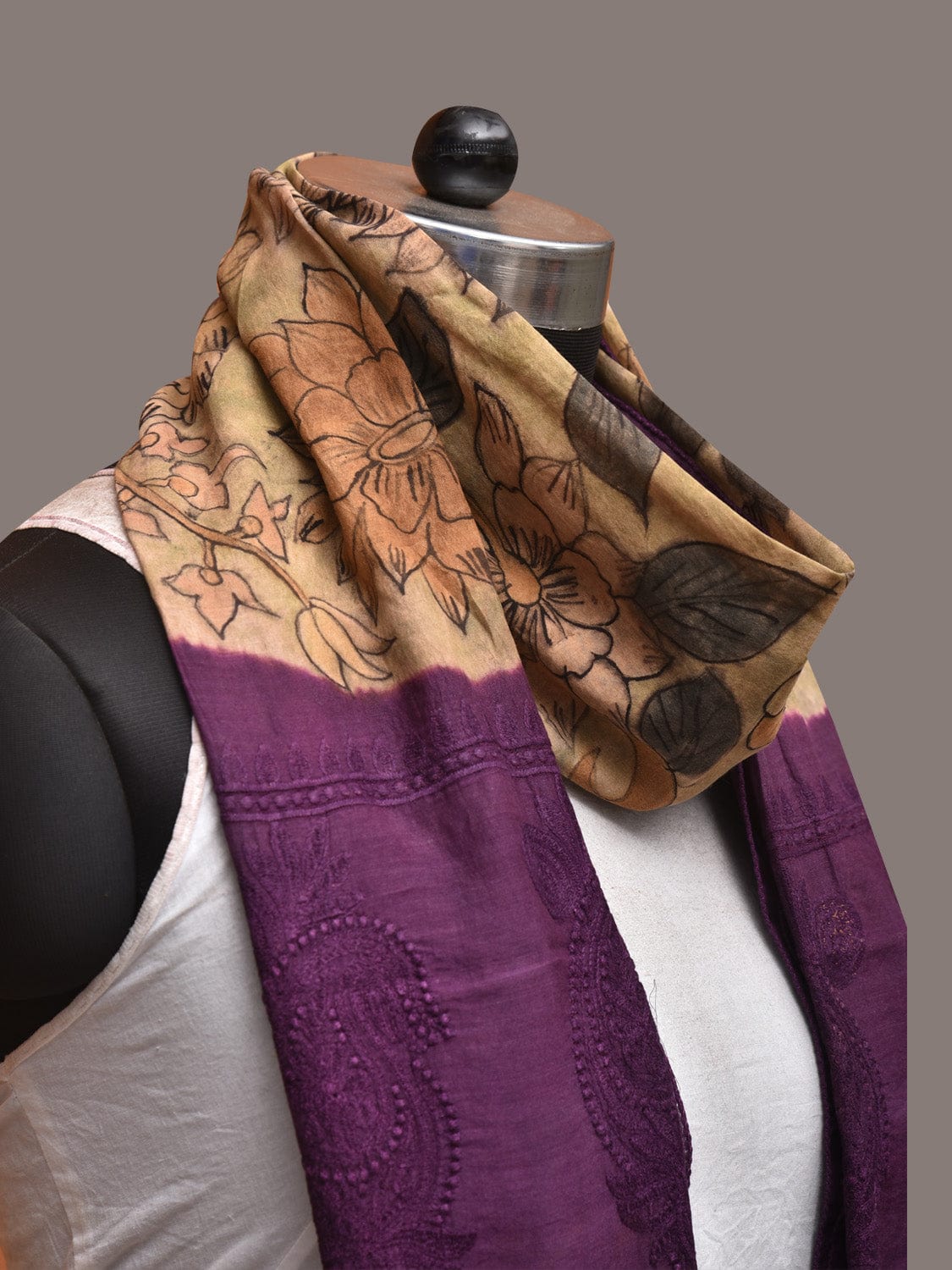 Cream and Purple Kalamkari Hand Painted Sico Stole with Floral and Embroidery Design - Global Threads