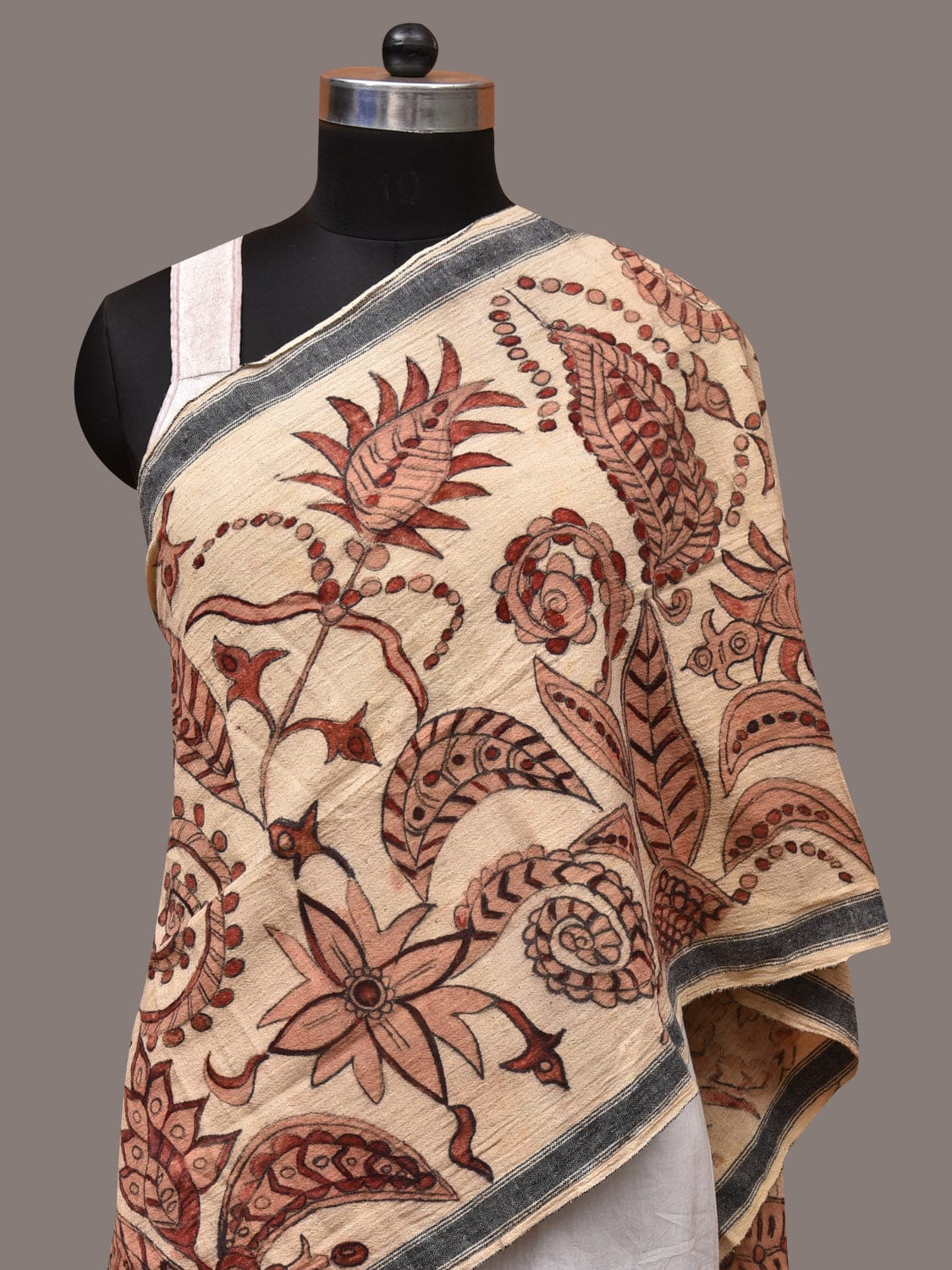 Cream Kalamkari Hand Painted Cotton Bhujodi Handloom Stole with Floral Design - Global Threads