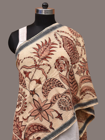 Cream Kalamkari Hand Painted Cotton Bhujodi Handloom Stole with Floral Design - Global Threads