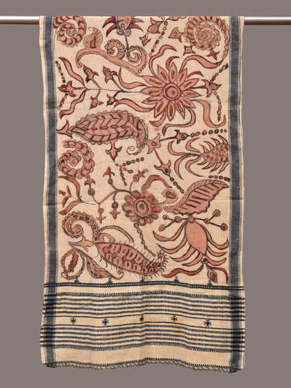 Cream Kalamkari Hand Painted Cotton Bhujodi Handloom Stole with Floral Design - Global Threads