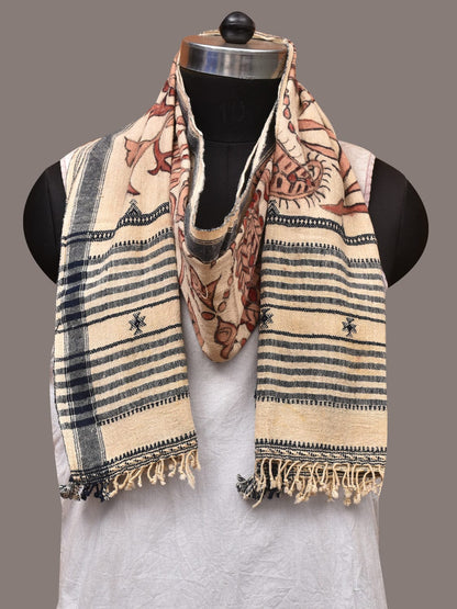 Cream Kalamkari Hand Painted Cotton Bhujodi Handloom Stole with Floral Design - Global Threads