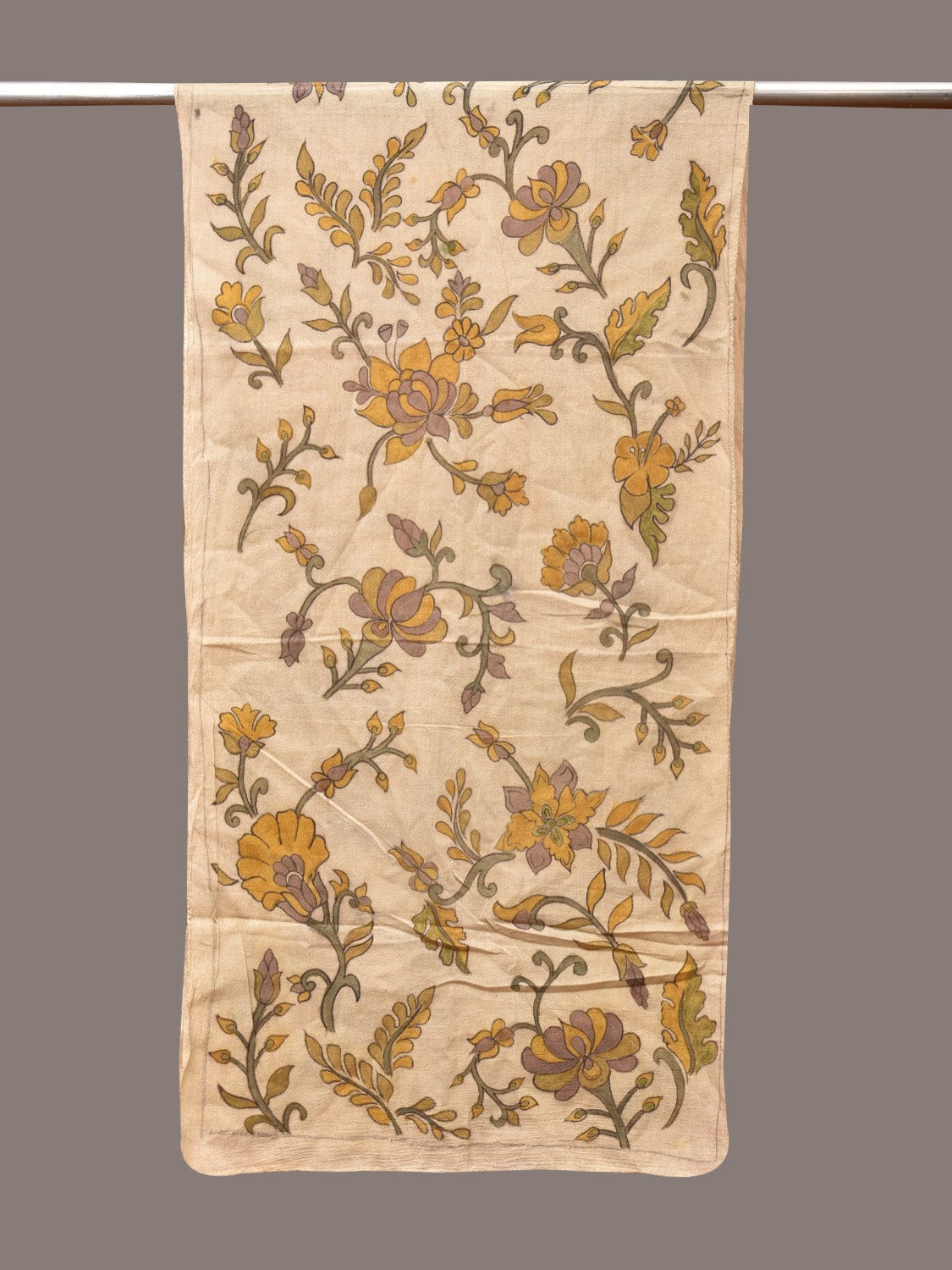 Cream Kalamkari Hand Painted Cotton Handloom Stole with Floral and Birds Design - Global Threads