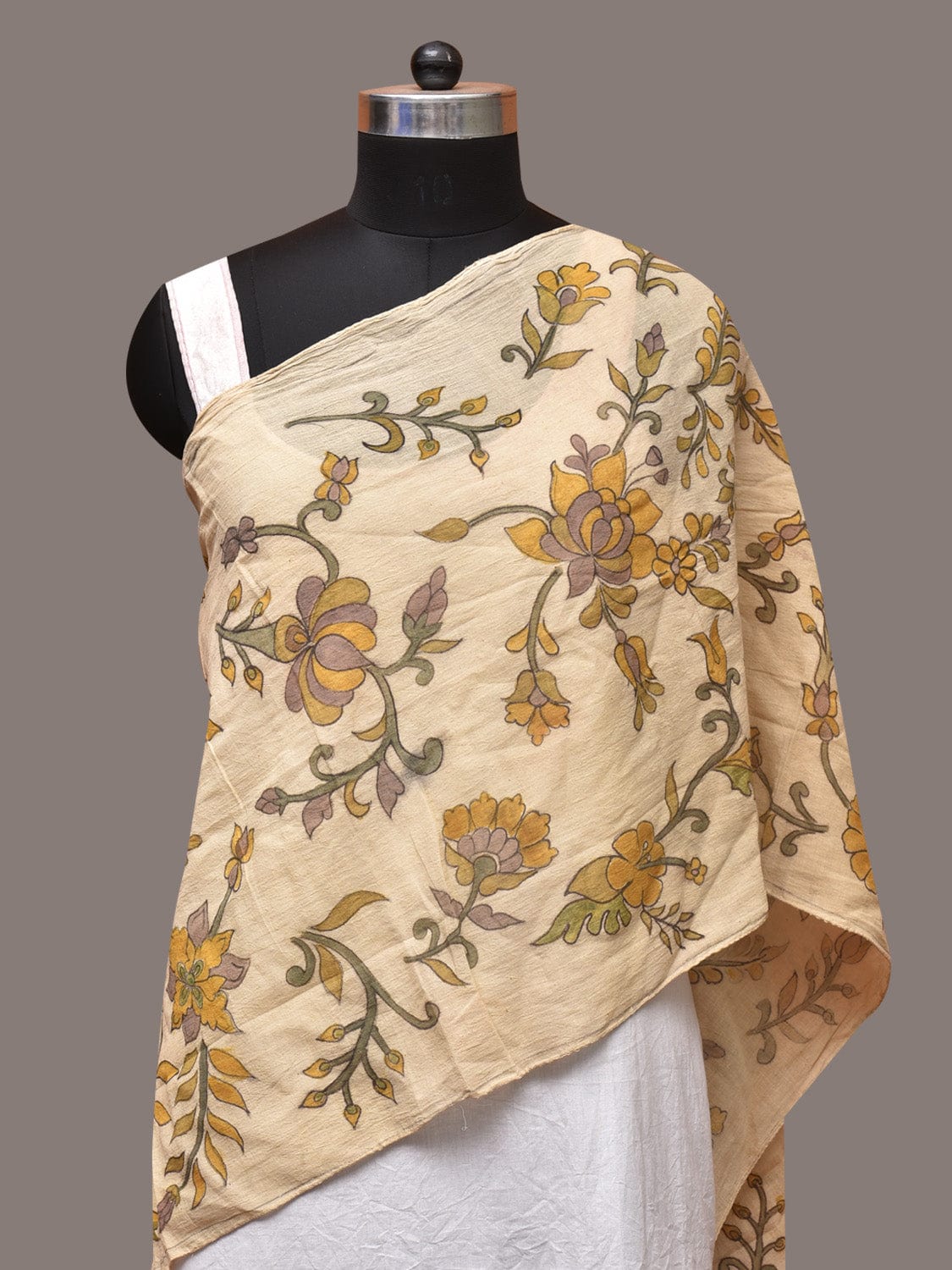 Cream Kalamkari Hand Painted Cotton Handloom Stole with Floral and Birds Design - Global Threads
