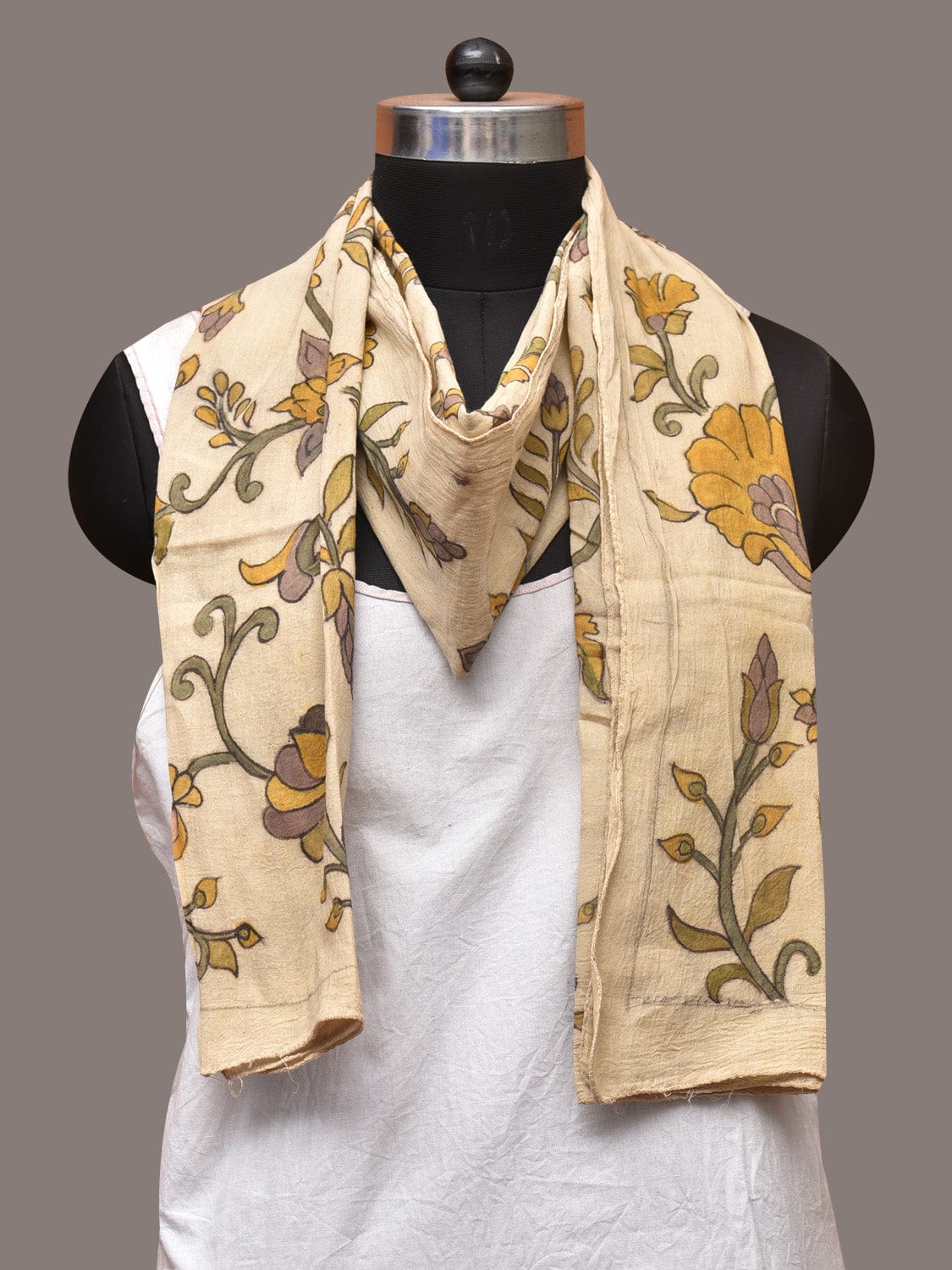 Cream Kalamkari Hand Painted Cotton Handloom Stole with Floral and Birds Design - Global Threads