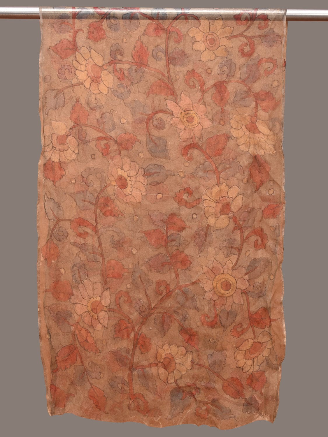 Cream Kalamkari Hand Painted Organza Stole with Floral Design - Global Threads