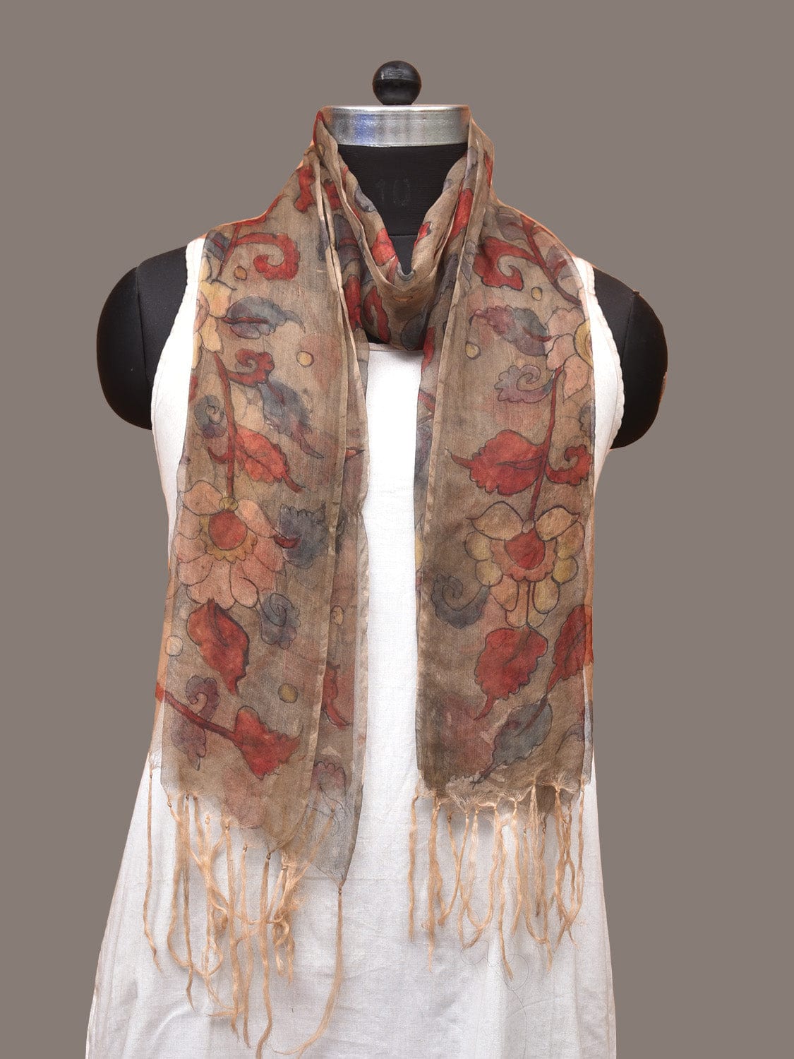 Cream Kalamkari Hand Painted Organza Stole with Floral Design - Global Threads