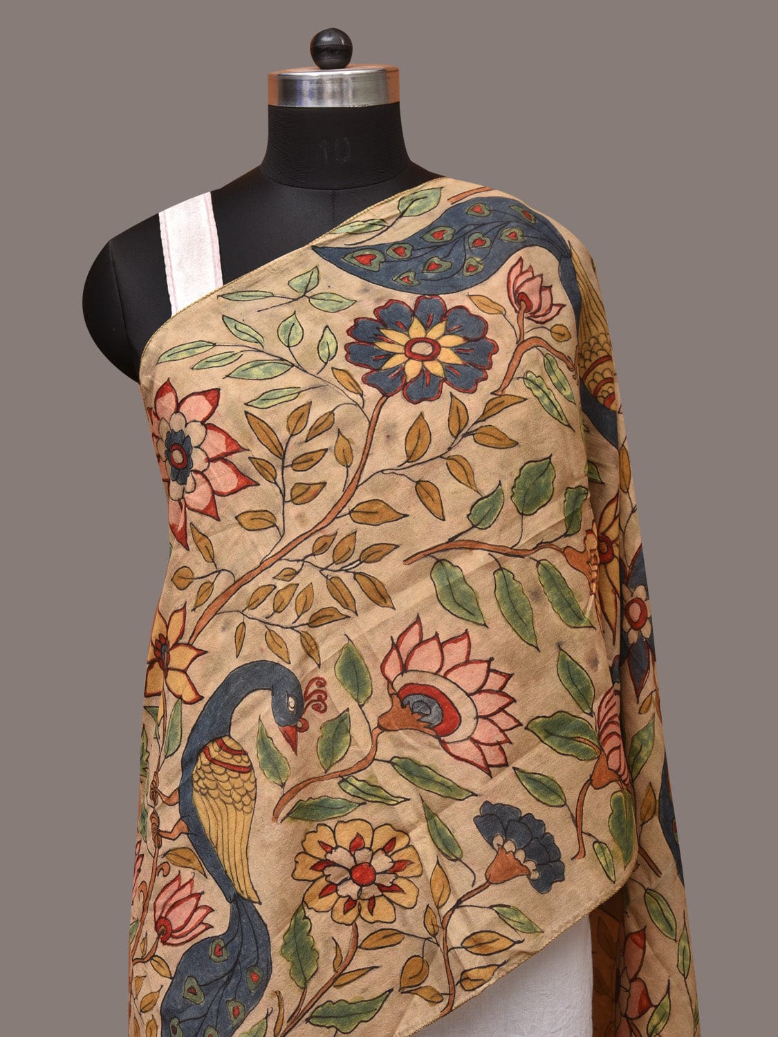 Cream Kalamkari Hand Painted Sico Stole with Floral and Peacocks Design - Global Threads