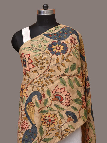Cream Kalamkari Hand Painted Sico Stole with Floral and Peacocks Design - Global Threads