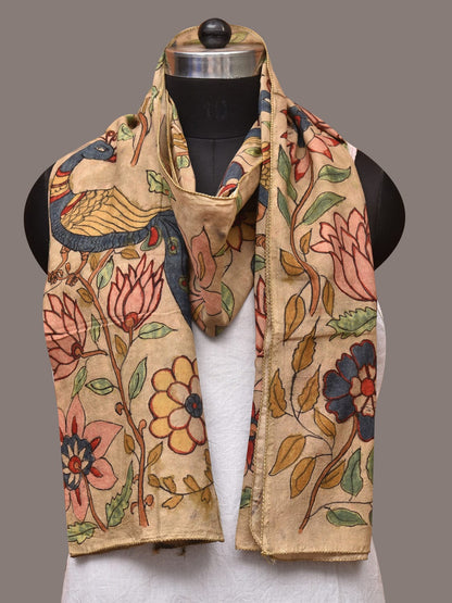 Cream Kalamkari Hand Painted Sico Stole with Floral and Peacocks Design - Global Threads
