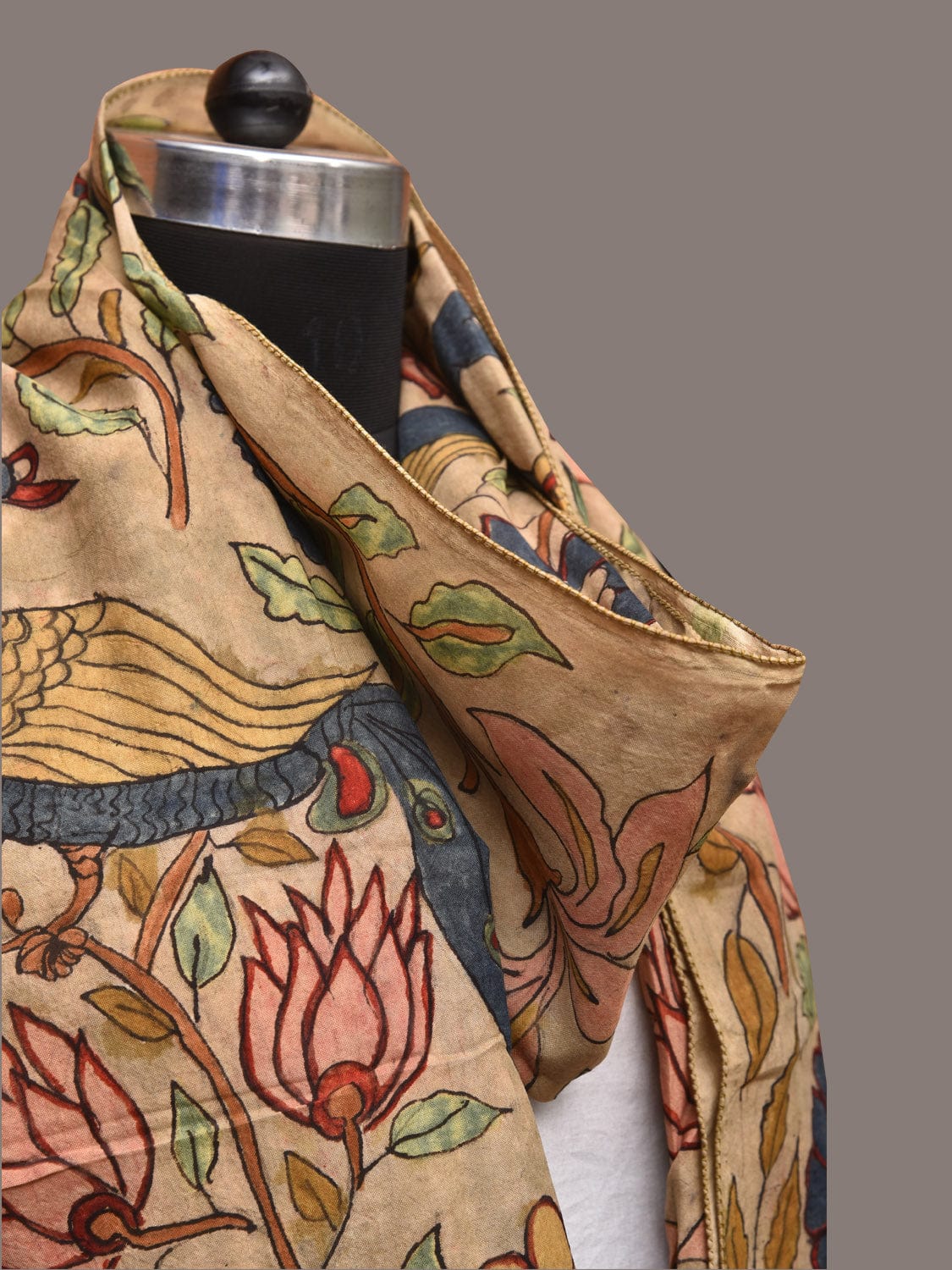 Cream Kalamkari Hand Painted Sico Stole with Floral and Peacocks Design - Global Threads