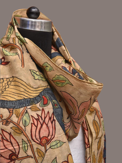 Cream Kalamkari Hand Painted Sico Stole with Floral and Peacocks Design - Global Threads