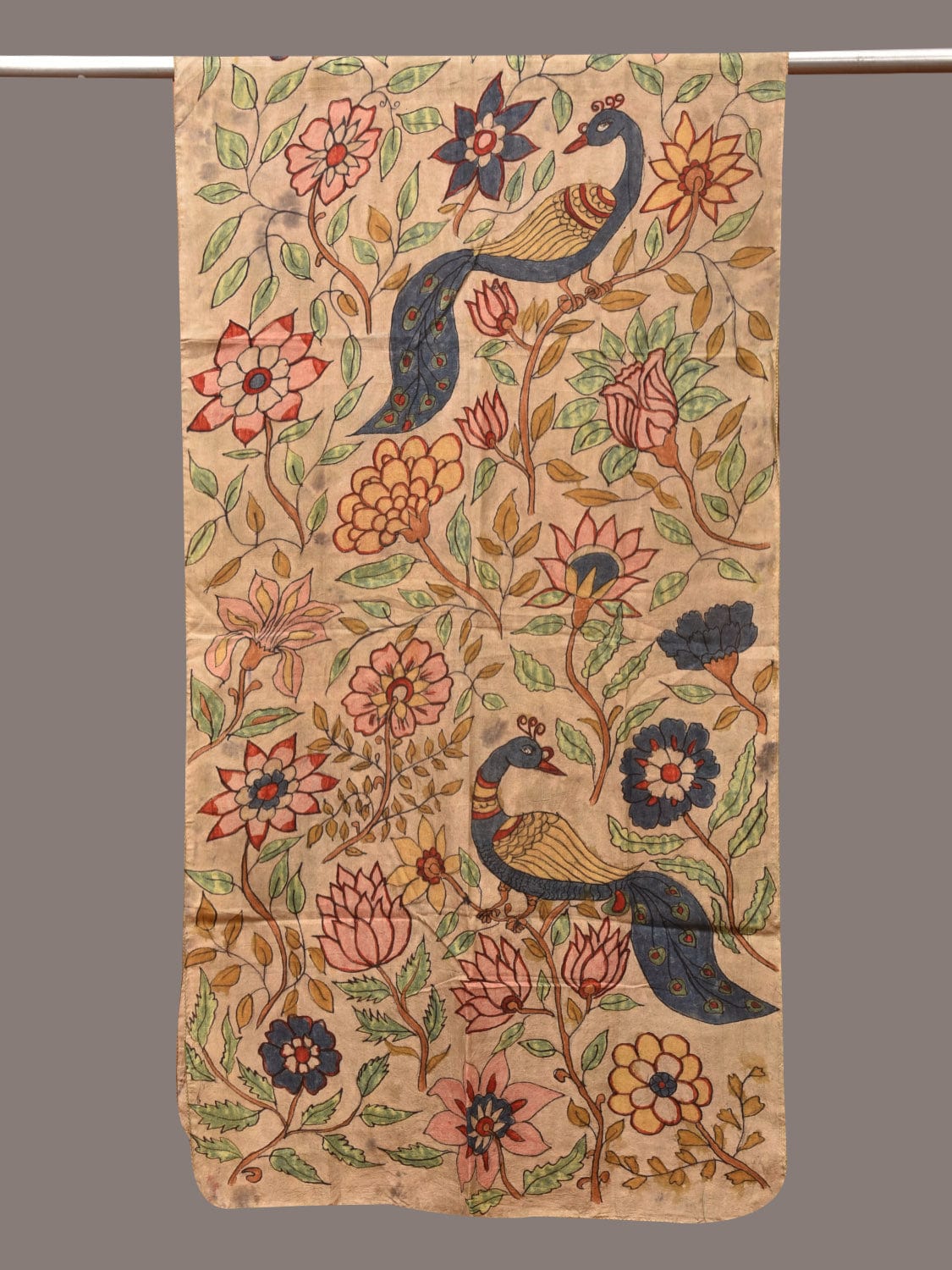 Cream Kalamkari Hand Painted Sico Stole with Floral and Peacocks Design - Global Threads