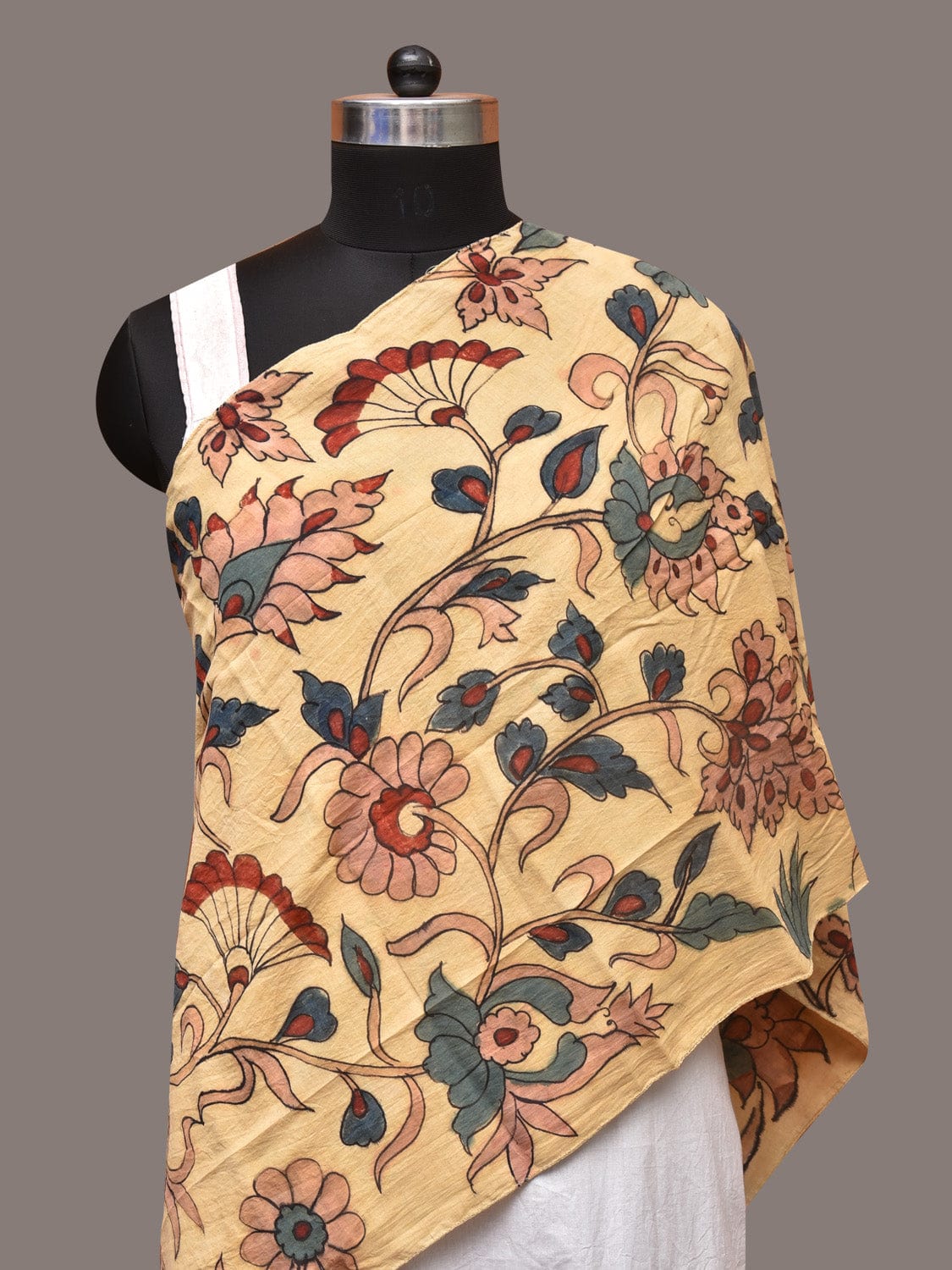 Cream Kalamkari Hand Painted Sico Stole with Floral Design - Global Threads