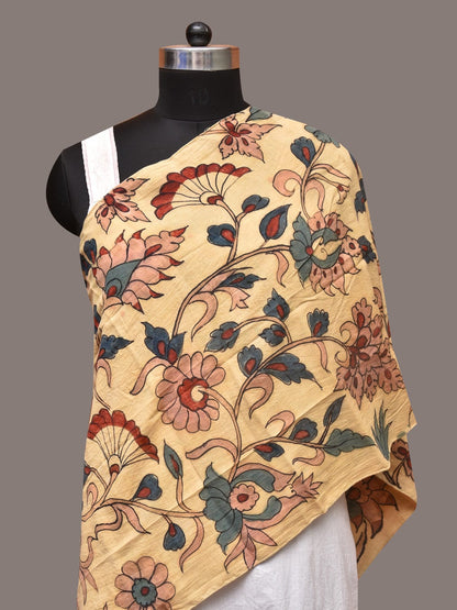 Cream Kalamkari Hand Painted Sico Stole with Floral Design - Global Threads