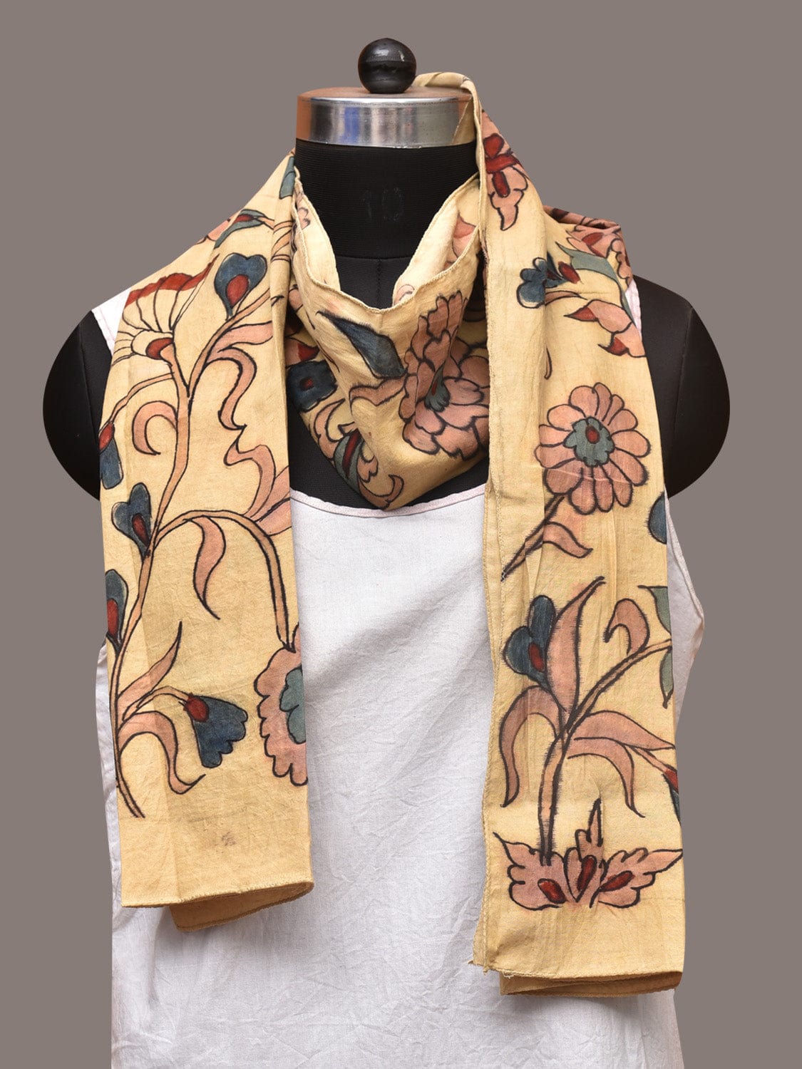 Cream Kalamkari Hand Painted Sico Stole with Floral Design - Global Threads