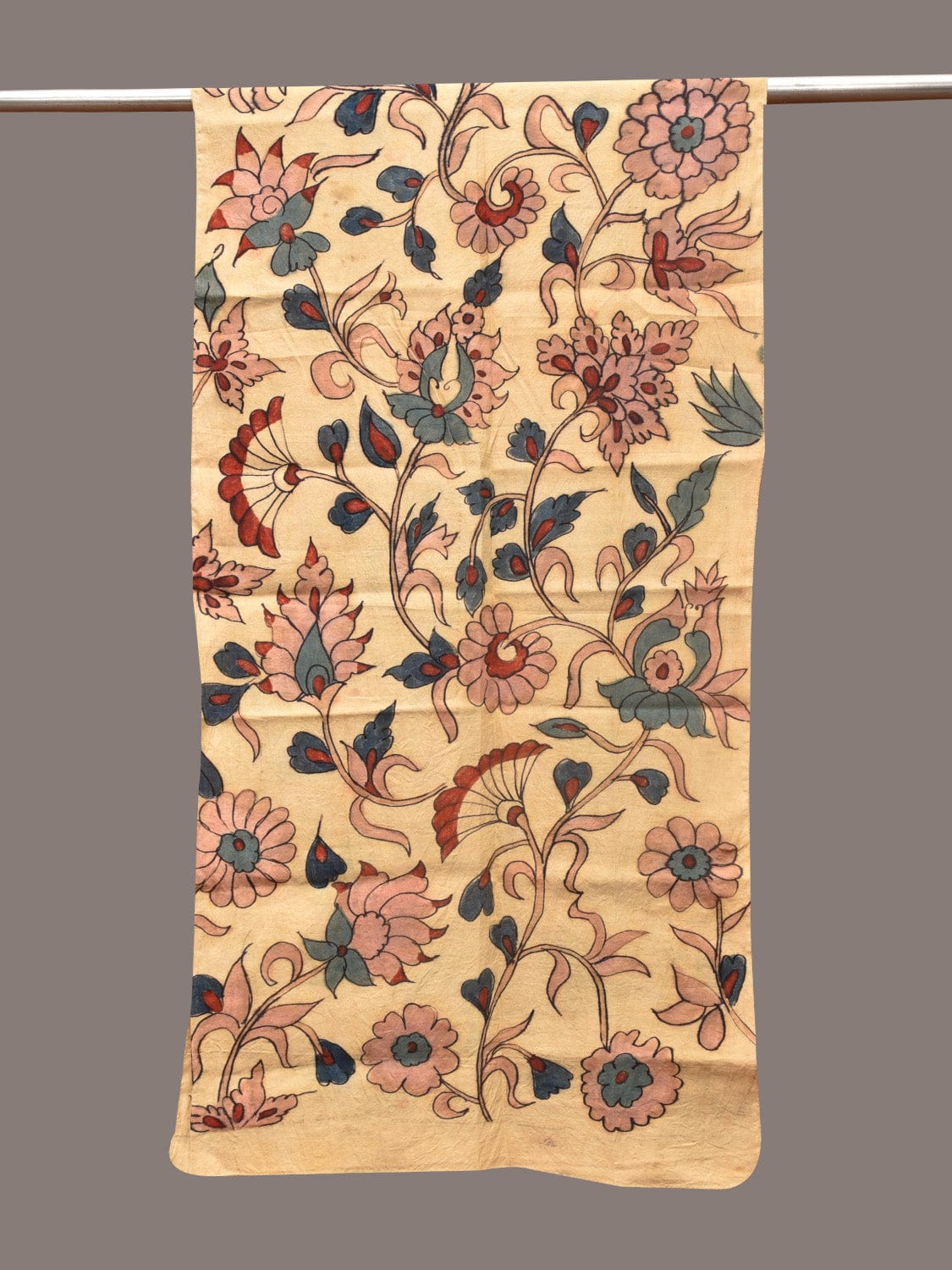 Cream Kalamkari Hand Painted Sico Stole with Floral Design - Global Threads