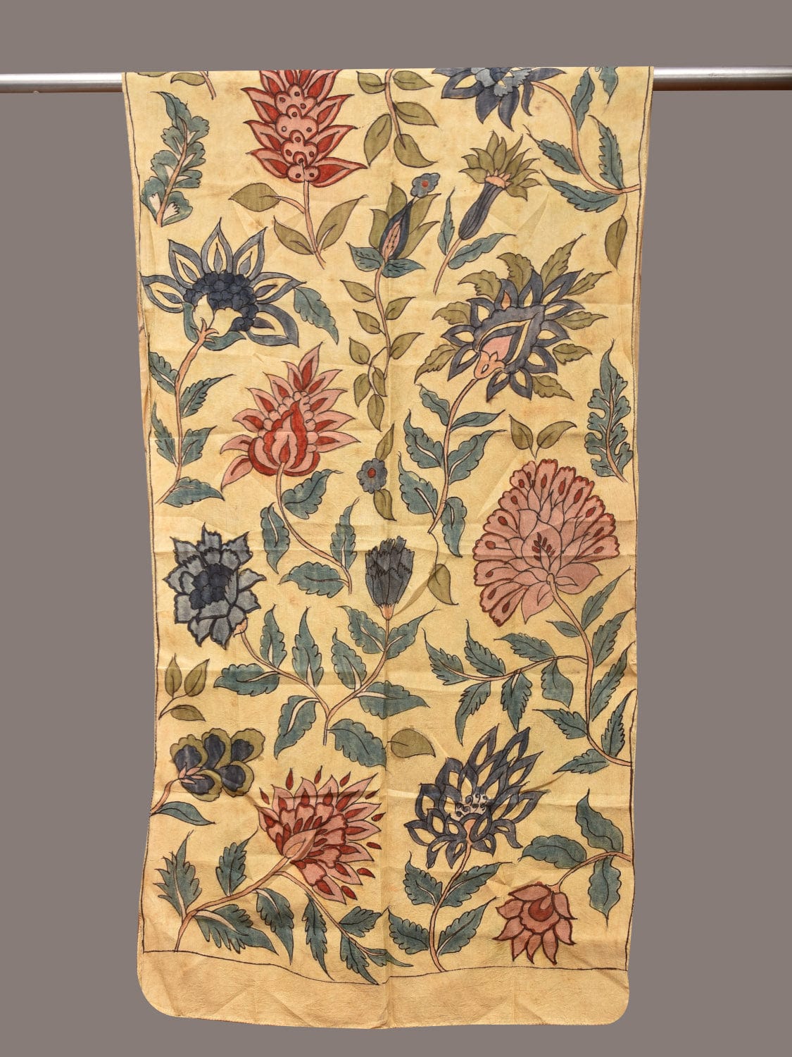 Cream Kalamkari Hand Painted Sico Stole with Floral Design - Global Threads
