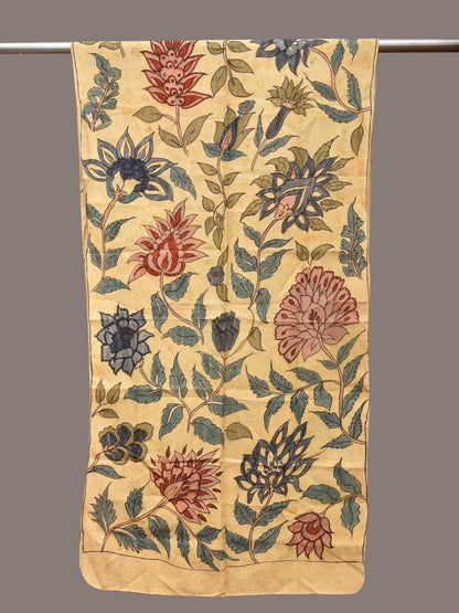 Cream Kalamkari Hand Painted Sico Stole with Floral Design - Global Threads