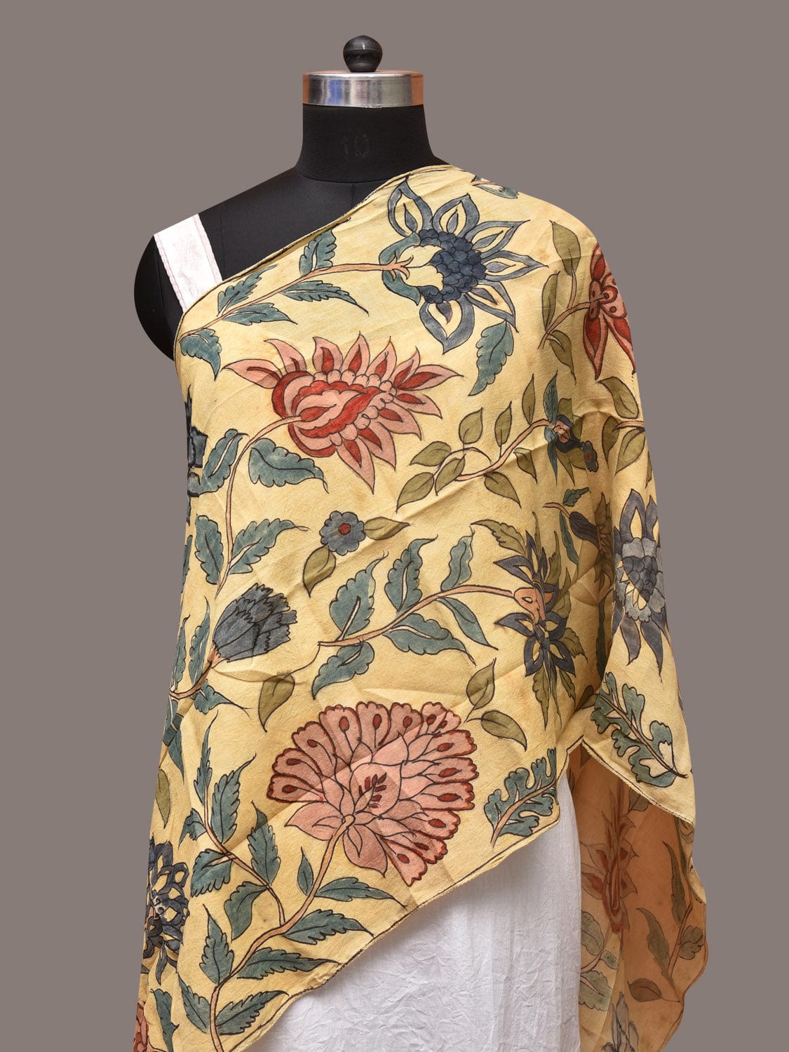 Cream Kalamkari Hand Painted Sico Stole with Floral Design - Global Threads