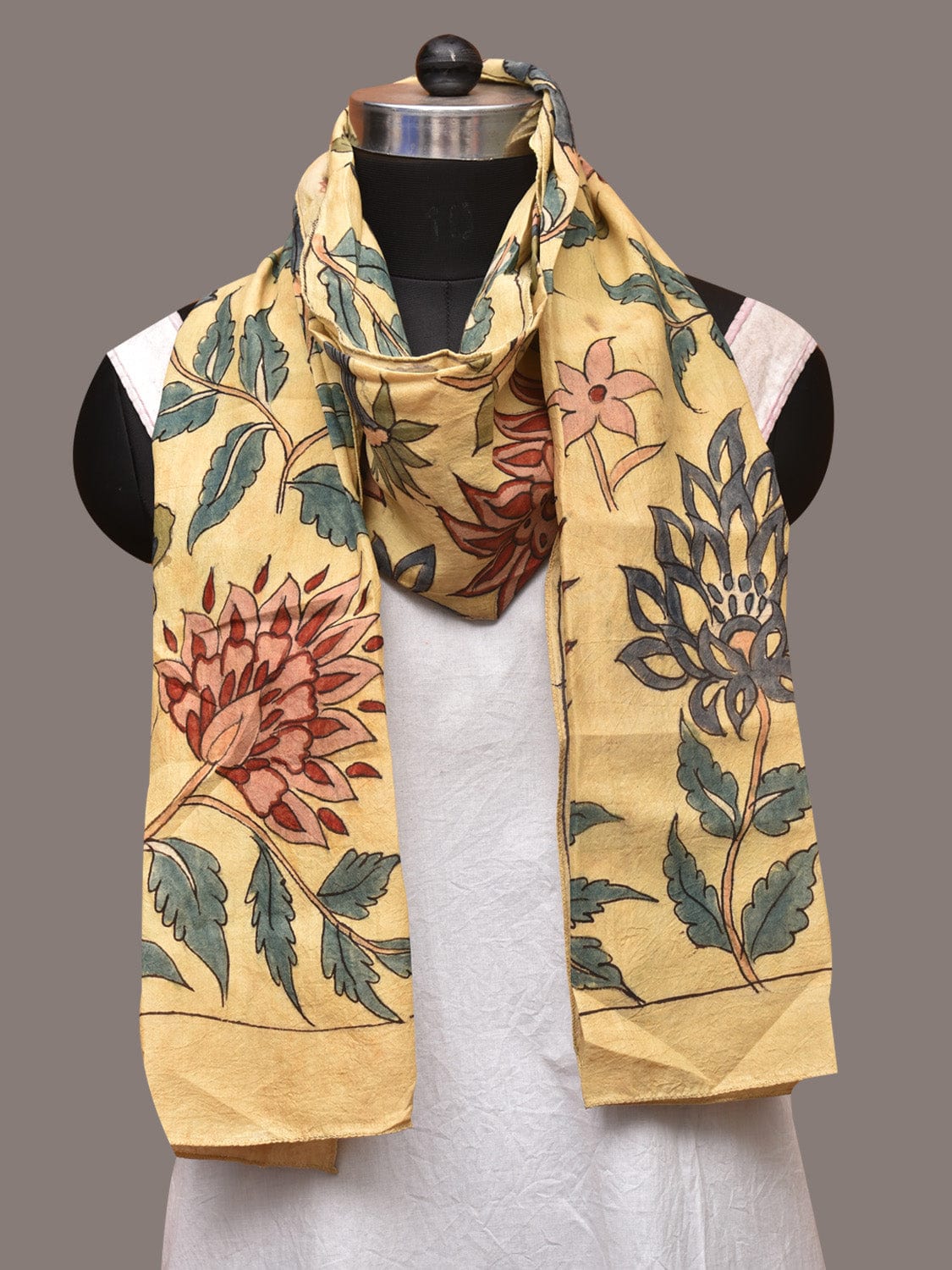 Cream Kalamkari Hand Painted Sico Stole with Floral Design - Global Threads