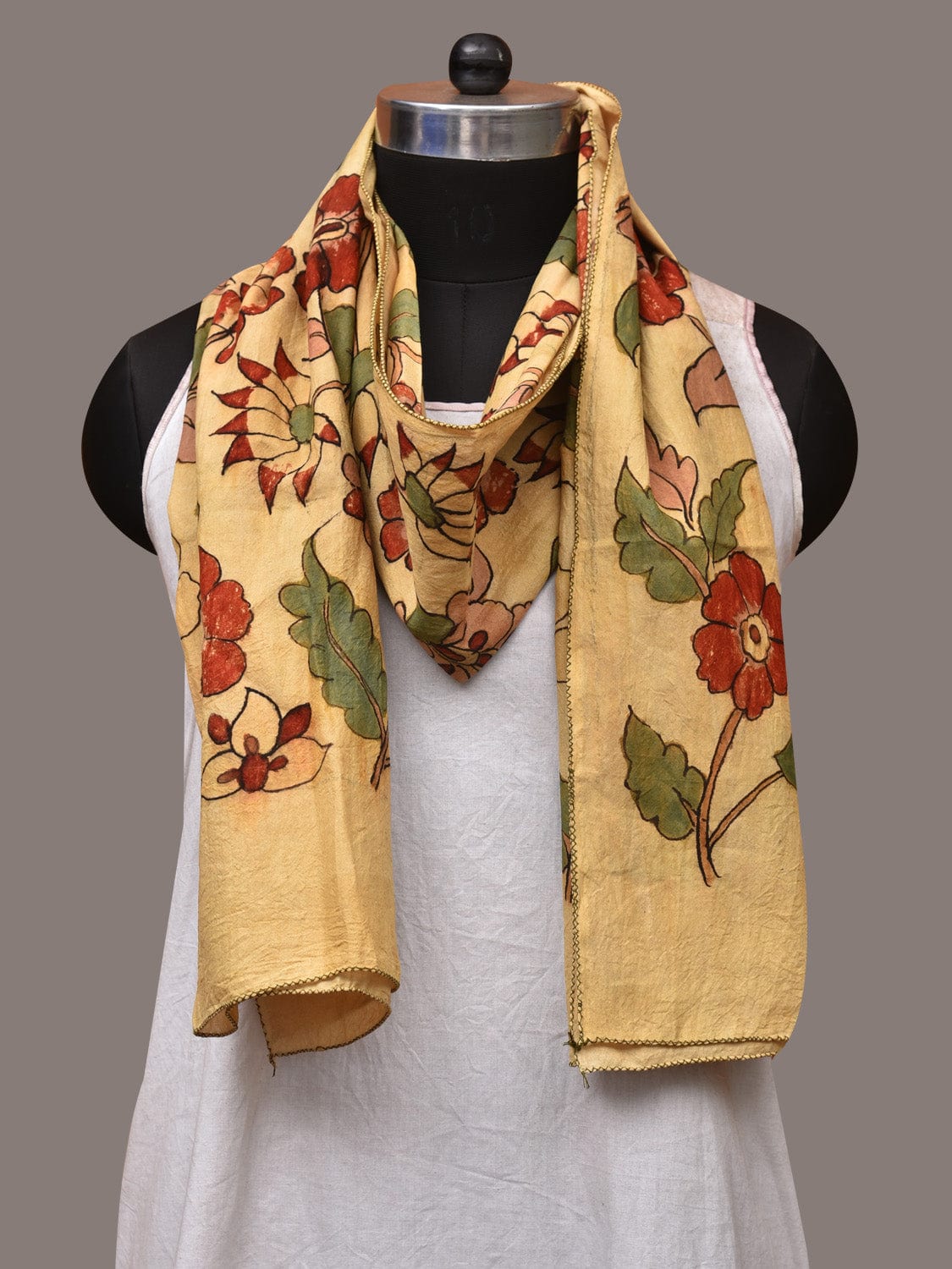 Cream Kalamkari Hand Painted Sico Stole with Floral Design - Global Threads